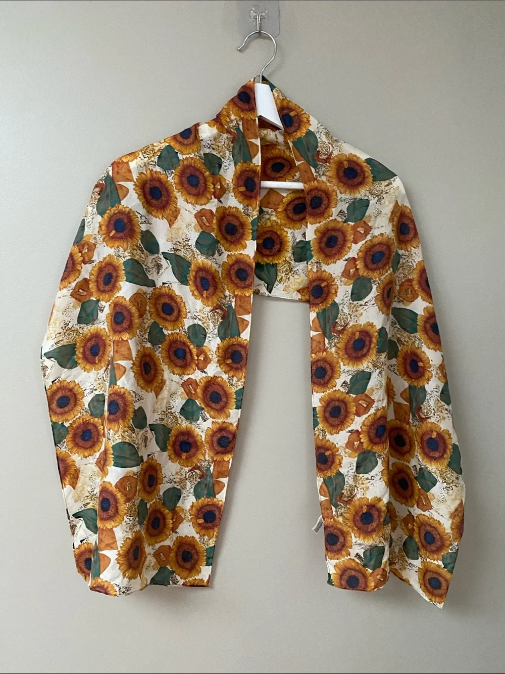 Vintage Silk Sunflower Print Lightweight Scarf - Cream & Gold